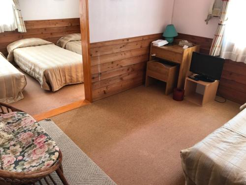 a room with two beds and a tv and a mirror at Pension Niimi in Karuizawa