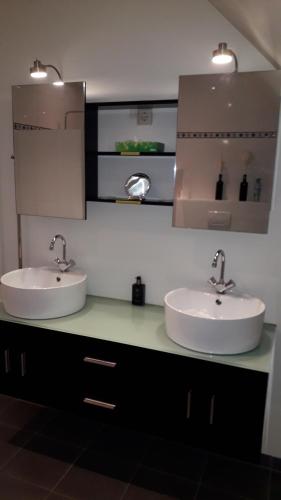 a bathroom with two sinks and two mirrors at B & B De Gouwe Plek in Hoogwoud