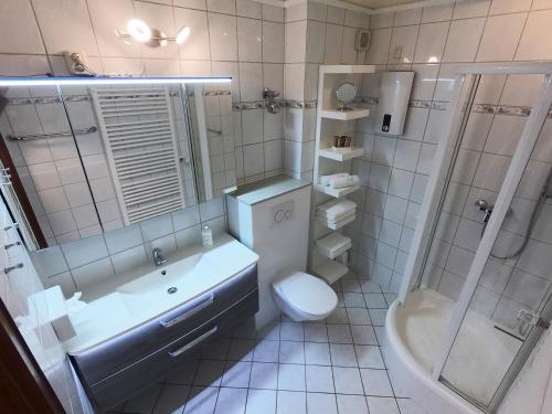 uma casa de banho com um lavatório, um WC e um chuveiro em Bonsai-Apartment III An der Hufeland Therme em Bad Pyrmont