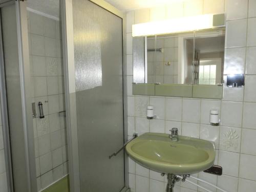 un bagno con lavandino e specchio di Ferienwohnungen Hildegund a Uschlag