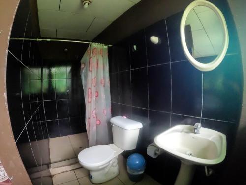 a bathroom with a toilet and a sink and a mirror at CABAÑA Amazon LODGE in Iquitos