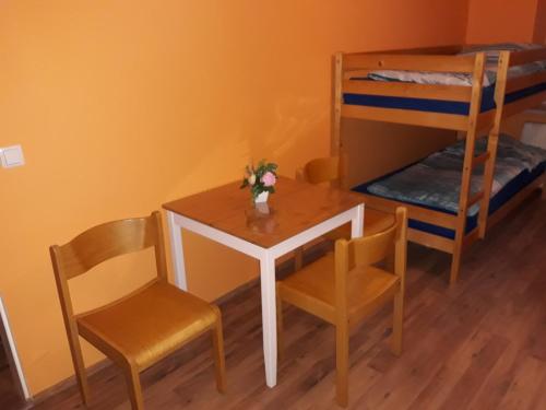 a room with a table and chairs and a bunk bed at Monterooms Vienna Schönbrunn 10 minutes to downtown in Vienna