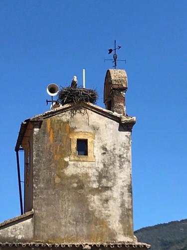 a bird sitting on top of a tower with a bird nest at LA GARGANTILLA in Jerte