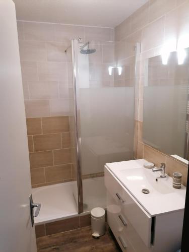 une salle de bain avec un lavabo blanc et une douche dans l'établissement Résidence moudang 2 Pied de piste, à Aragnouet