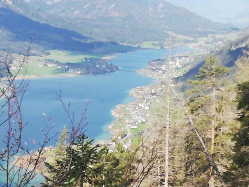 a view of a lake from a mountain at Haus Birke in Weissensee