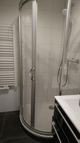 a shower with a glass door in a bathroom at Graf's Apartment Sankt Englmar in Sankt Englmar
