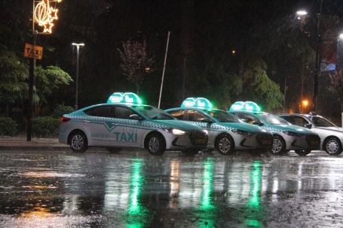 a row of taxi cars parked in a parking lot at Albes Hotel in Fier