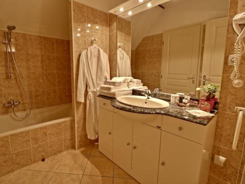 a bathroom with a sink and a shower and a tub at Le Pas de L'Ane Chambres d'hôtes in Saint-Ondras