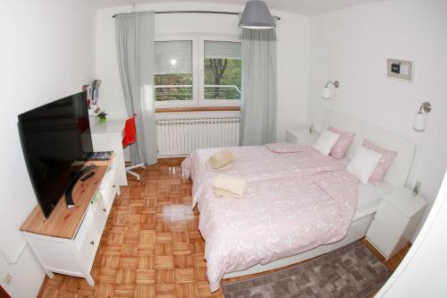 a bedroom with a bed and a flat screen tv at Apartment Magnolija in Karlovac