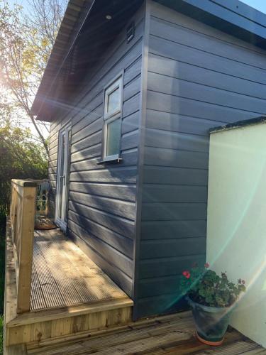 a small blue house with a wooden deck at The Garden room in Derry Londonderry