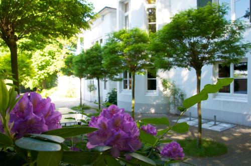 a group of purple flowers in front of a building at Gästehaus des Elsa Brändström Haus in Hamburg