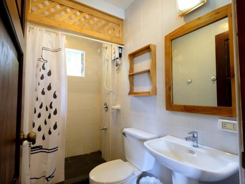 bagno con servizi igienici, lavandino e specchio di White Villas Resort a Siquijor