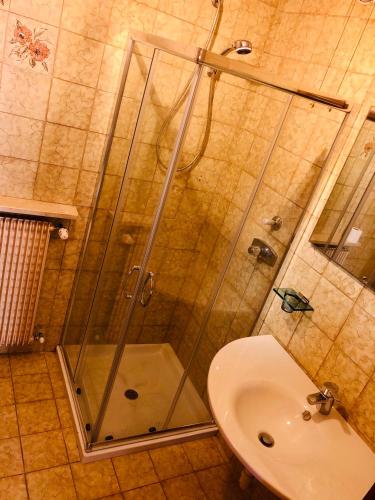 a shower with a glass door next to a sink at La Casa di Olivo in Tassullo