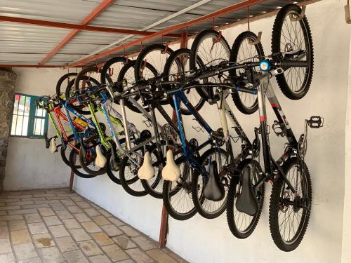 a bunch of bikes hanging on a wall at Palm Garden Resort in Gisenyi