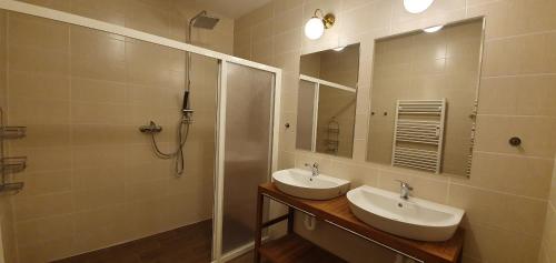 a bathroom with two sinks and a shower and a mirror at Donovaly Apartments in Donovaly