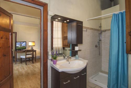 La salle de bains est pourvue d'un lavabo et d'une douche. dans l'établissement B&B Antica Piazza dei Miracoli, à Pise