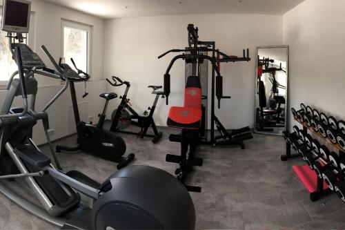 a gym with several tread machines and a mirror at Tischlmühle Appartements & mehr in Gröbming