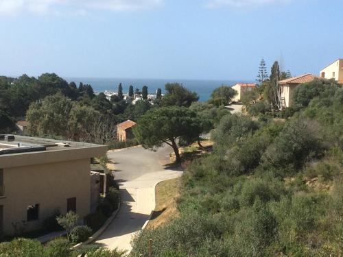 Vue d'une route avec l'océan en arrière-plan dans l'établissement Suarella, à Propriano