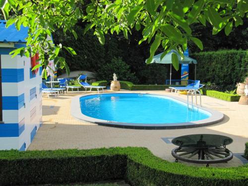 a swimming pool with chairs and a table and a tree at B&B Casa Roman & Vakantiewoning voor 1 pers tot max 32 personen in Zonhoven
