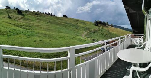 a balcony with a white railing and a green hill at Ferienwohnung Vier Jahreszeiten in Hirschegg