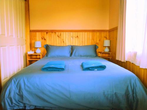 a bed with two blue pillows on top of it at Twelve Apostles Motel & Country Retreat in Princetown