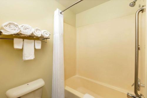 a bathroom with a shower and a toilet and a tub at AmericInn by Wyndham Jefferson in Jefferson