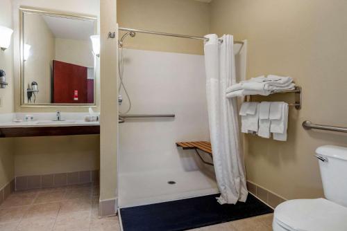 uma casa de banho com um chuveiro, um WC e um lavatório. em Comfort Suites Dayton-Wright Patterson em Dayton