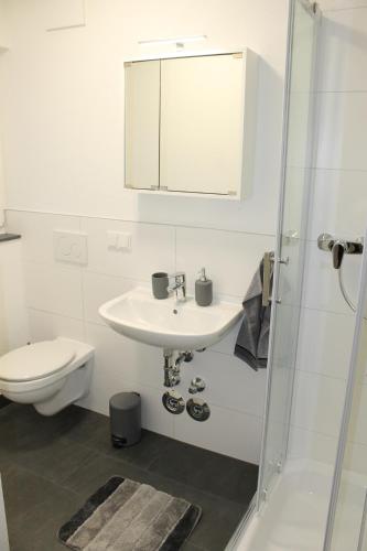 a bathroom with a sink and a toilet and a mirror at Aachener Ferienwohnung in Aachen