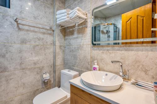 La salle de bains est pourvue d'un lavabo, de toilettes et d'un miroir. dans l'établissement 拈花湾景区内花园庭院别墅套房---购票入住, à Wuxi