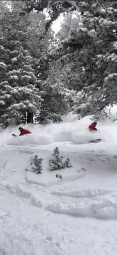 two people are skiing down a snow covered slope at Inn at Snowbird in The Cliff Lodge