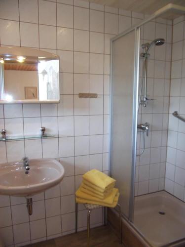 a bathroom with a sink and a shower at Ferienwohnung Erzgebirge - Pobershau - mit schönem Ausblick, ruhige, beste Lage in Pobershau