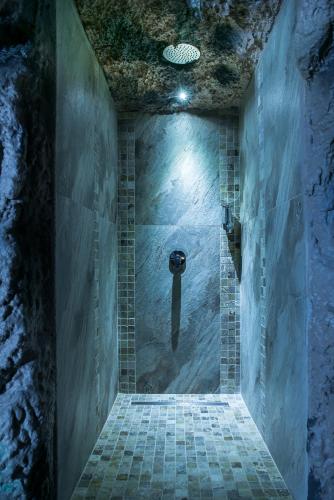 a bathroom with a shower with a tiled floor at Gorgeous Villa in Cluj-Napoca
