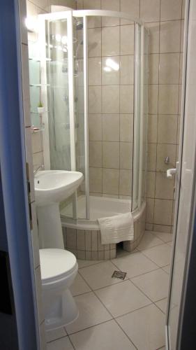a bathroom with a shower and a toilet and a sink at Villa Elitte Predeal in Predeal
