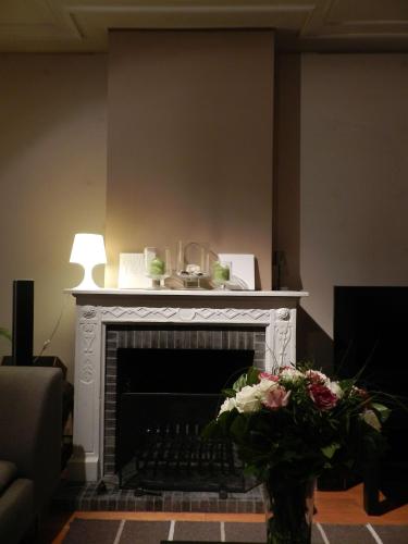 a living room with a fireplace with a lamp at Apartment Het Blekershuys in Bruges