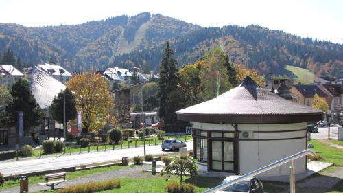 a small building in a town with a mountain at Villa Elitte Predeal in Predeal