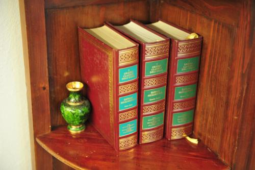 four books sitting on a shelf next to a vase at Casa Messi in Pitigliano