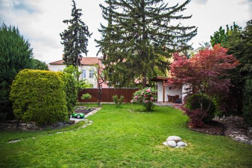 a garden with rocks in the grass at Black Field Apartment in Brno