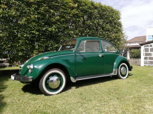 un coche verde aparcado en el césped en un patio en Casa Santa, en Ribeira Grande