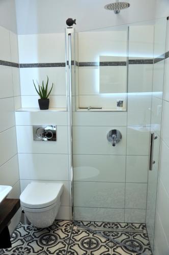 a bathroom with a toilet and a glass shower at Maison Elise & Philipp in Wiesbaden