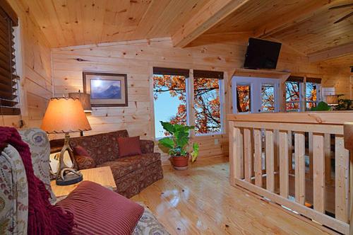 a living room with a couch and a tv in a cabin at #820 Honeymoon Hideaway in Gatlinburg