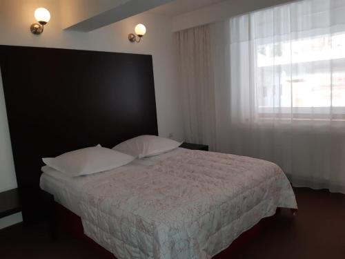 a bedroom with a large bed with a window at Hotel-Restaurant Siesta Balea in Cumpăna