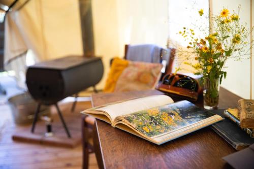 a wooden table with an open book and a camera at Collective Hill Country in Wimberley