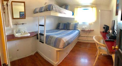 a small bedroom with a bunk bed and a sink at Driftwood Inn in Homer