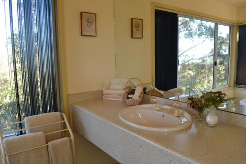 une salle de bain avec un lavabo et un miroir dans l'établissement Bundle Hill Cottages, à Bawley Point