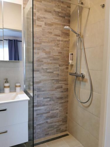 a bathroom with a shower with a glass door at Enjoyit Velden West in Selpritsch