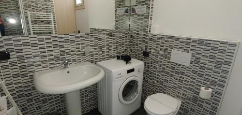 a bathroom with a washing machine and a sink at B&B CAV Rondinella in Chiavenna