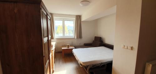 een kleine kamer met een bed en een raam bij Donovaly Apartments in Donovaly