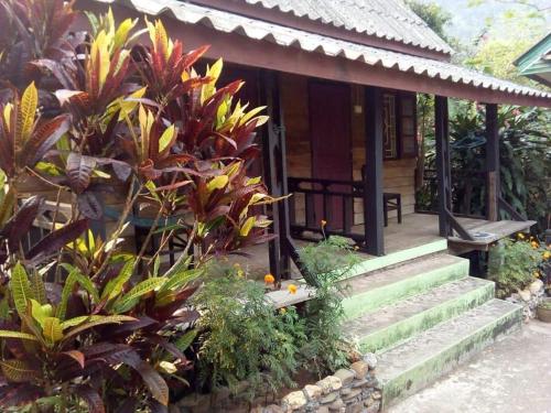 una casa con escaleras que conducen a un porche con plantas en SuanPhao Guesthouse en Muang Ngoy
