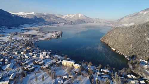 an aerial view of a town next to a lake at Kirchenwirt in Strobl