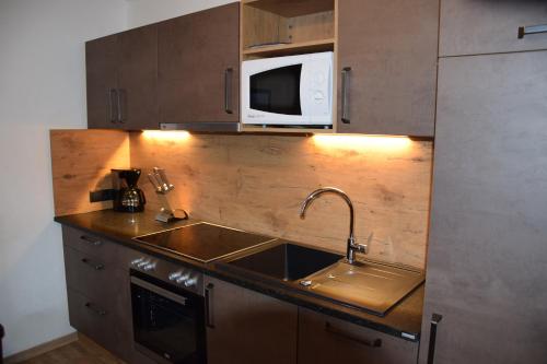 eine Küche mit einer Spüle und einer Mikrowelle in der Unterkunft Ferienwohnung Brugger in Zellberg